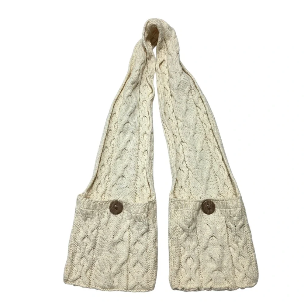 Aran‎ Woollen Mills Merino Wool Pocket Scarf Cream Cable Knit Made in Ireland